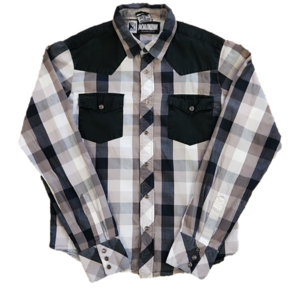 3/$20 Social Collision Black & Brown Square Print Snap Button-Up Shirt - Picture 1 of 6